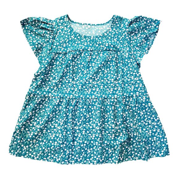 Womens Plus size 1X and 2X Teal/Pink Ditsy Floral Round Neck Short Sleeve Blouse - Picture 7 of 12